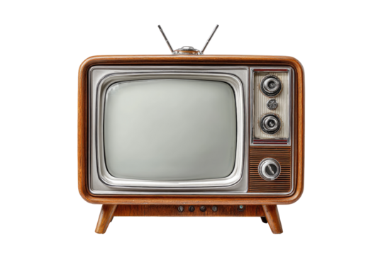 Retro television with wooden casing.  A vintage-style TV, light brown wooden cabinet, silver trim, blank screen