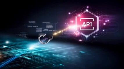 Phishing hook targeting API cybersecurity network data breach technology alert phishing hook approaching glowing API icon cybersecurity threat - Powered by Adobe