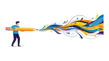 Man holding a large pencil drawing colorful lines vector illustration for creative writing and design concepts isolated on white background