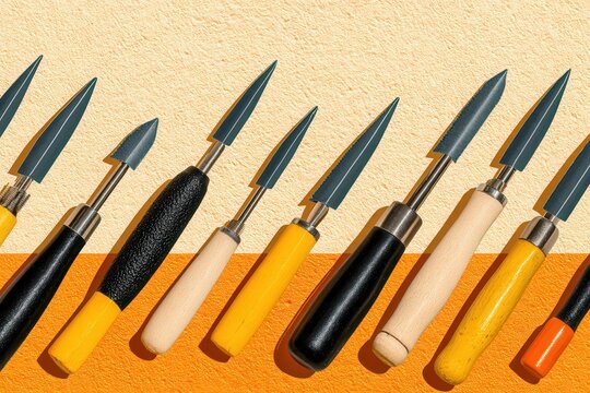 Engaging collection of precision carving tools with triangular blades organized against a vibrant orange textured backdrop, showcasing craftsmanship and artistry in woodworking techniques