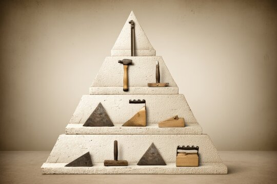 A creative arrangement of essential woodworking tools positioned symmetrically on a textured pyramid backdrop emphasizing craftsmanship precision design and artistic expression