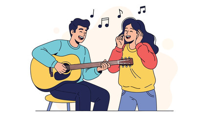 Young man playing guitar for a woman happy couple singing together vector illustration for music and entertainment concepts