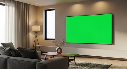 Modern Living Room with Green Screen TV for Customization