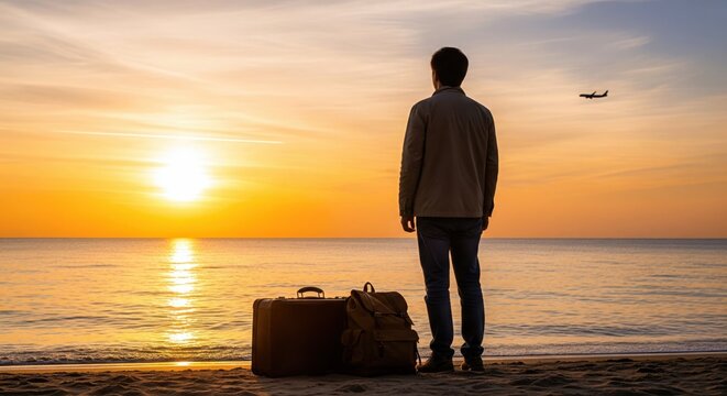 Golden Sunset Journey. Traveler Near Sea Adventure Scene. - Powered by Adobe