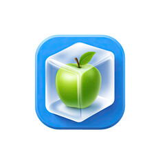 A vibrant, square icon depicts a green apple encased within a transparent ice cube. The icon's background is a striking blue
