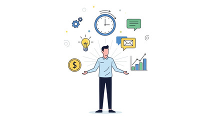 Person multitasking with business icons flat vector illustration representing time management and efficiency isolated on white background