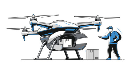 Delivery drone vector illustration delivering packages with a courier isolated on white background