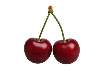 Red twin cherries with green stalks, fresh ripe fruit, healthy food and sweet dessert ingredient, transparent background