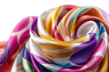 Close-up of a vibrant silk scarf.  Colorful abstract design in swirling patterns.  Soft, flowing fabric