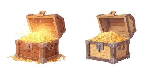 Two open wooden treasure chests filled with gold coins.  Light glows from within the open chests
