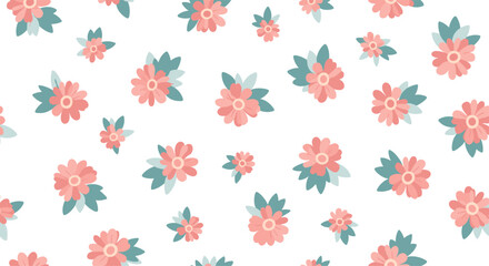 A delightful pattern of small pink floral blossoms scattered across a white background with tiny green leaves.