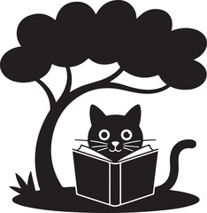 Black Cat Reading Book Under Shady Tree