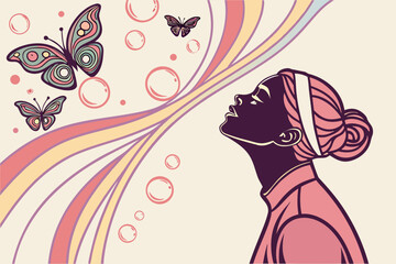 Vector art of woman looking at butterflies and rainbow