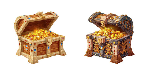 Two ornate wooden treasure chests, filled with gold coins, are depicted.  One chest is light beige/tan, the other dark gray/brown. Both have decorative carvings and inlaid jewels
