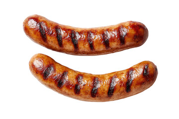 Two grilled sausages, top view.  Crispy brown exterior, visible grill marks