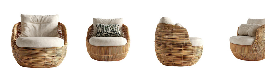Round wicker armchairs with cream cushions.  Different angles showing the design