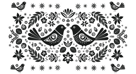 A charming folk art design featuring two birds surrounded by floral and star motifs.