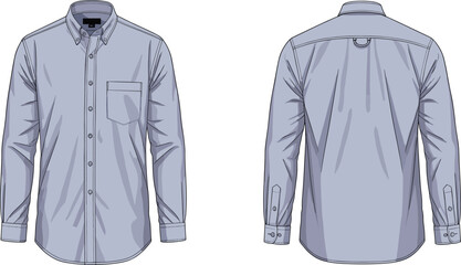 Long sleeve button up shirt flat sketch, front and back view, button down collar, chest pocket, pleated back, fashion technical drawing © Rifat Creatives
