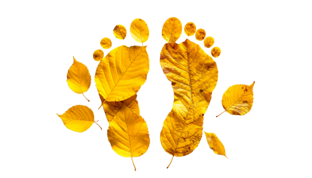 Autumn footprints made of golden leaves on a black background