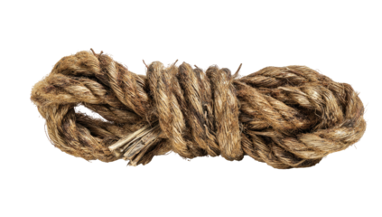 Close-up of a tightly knotted, light brown rope.  The rope's strands are interwoven and appear thick.  It is laid horizontally against a black background