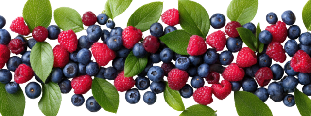 Fresh berries and leaves arranged in a horizontal pattern