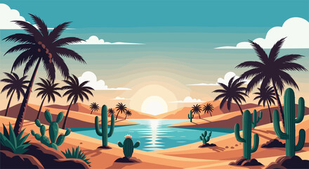Obraz premium A vibrant pixel art desert landscape with palm trees cacti and a serene lake reflecting the sun.