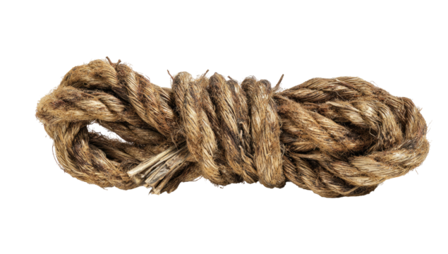 Close-up of a tightly knotted, light brown rope.  The rope's strands are interwoven and appear thick.  It is laid horizontally against a black background