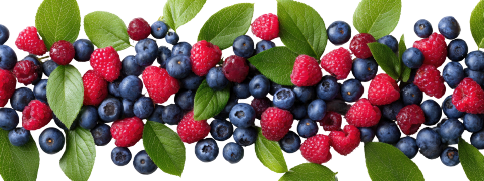Fresh berries and leaves arranged in a horizontal pattern