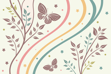 Vector art of beautiful floral background with butterflies and colorful wavy lines