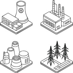 Industrial Power Plant Isometric Icons Set – Factory, Reactor, and Energy Infrastructure