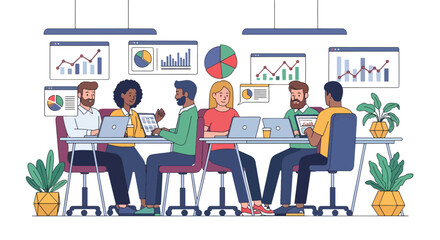 Flat style illustration of a diverse business team working together with laptops and charts in a modern office, representing teamwork, data analysis, strategy, and corporate collaboration