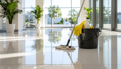 A person is cleaning the window glass in a room with an indoor plant on a nearby table