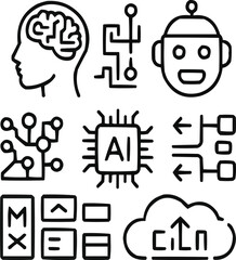 Artificial Intelligence Outline Icons Set – Innovation, Robotics, and Neural Networks