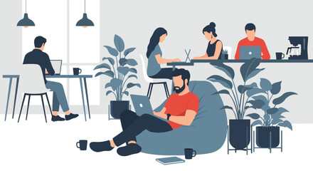 Flat style illustration of people working in a modern coworking office with laptops, plants, and relaxed seating, representing teamwork, productivity, and contemporary workplace culture