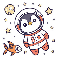Cute cartoon penguin astronaut floating in space with fish and planets vector illustration