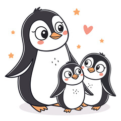 Cute cartoon penguin family with stars and heart on white background animal
