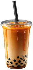Caramel-flavored iced tea with tapioca pearls in a plastic cup with a black straw