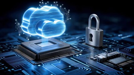 Cloud computing cybersecurity data protection circuit board hologram padlock processor encryption secure data transfer glowing cloud protecting - Powered by Adobe