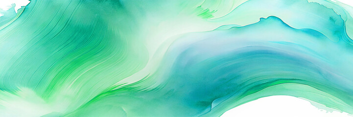 Horizontal abstract banner featuring a dynamic, flowing wave or cloud pattern created with alcohol ink effect in refreshing green, turquoise, teal tones. Represents fluidity, nature, freshness