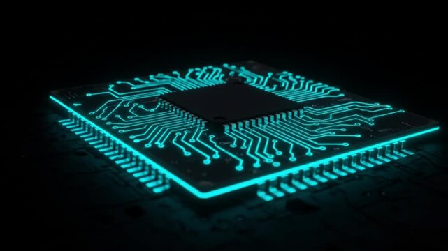 Glowing turquoise circuit chip rests on a dark surface, neon-lit edges tracing the pins. under glow!
