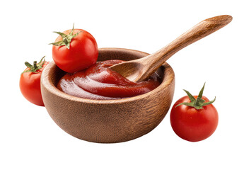 Wooden bowl of tomato sauce, with fresh tomatoes