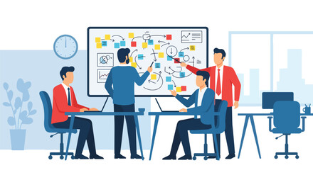 Flat style illustration of a business team analyzing charts and sticky notes on a whiteboard, representing project planning, data strategy, teamwork, and corporate goal achievement