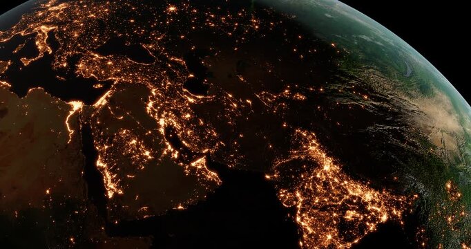 Rotating Earth with cinematic camera zoom on major cities showing night lights and terrain, perfect for education and documentaries, Elements of this image furnished by NASA. 3D animation.