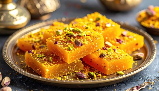 Golden yellow stacked sticky rice cake dessert dusted with crushed pistachios and edible glitter on a brass plate with decorative metal bowls and dark textured background