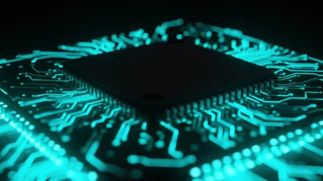 Close-up of a neon blue microprocessor with intricate glowing circuitry on a dark board. with glow.
