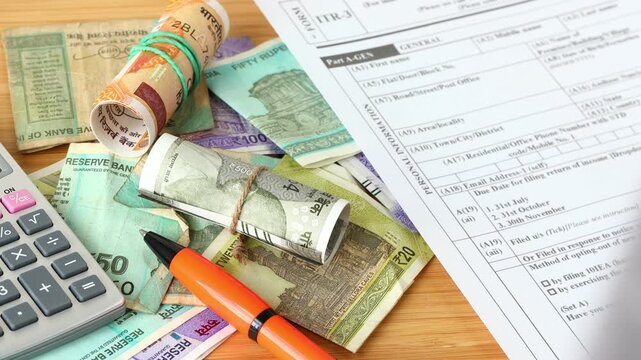  India taxes. Various ITR forms to fill out. Income tax return. Annual tax declaration. Financial concept. ITR written on wooden blocks. Close up