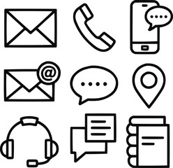 PrintEssential Contact & Communication Outline Icons Mail, Call, Chat, and Location Symbols