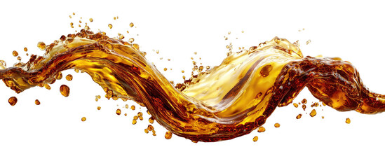 Golden liquid in a dynamic splash against a black background.  Fluid, amber-colored liquid curves and cascades in a dynamic,  textured pattern of flowing movement. 