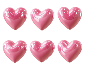 Six glossy, pink hearts arranged in a two-row grid against a black background.  Each heart displays a smooth, reflective surface with subtle variations in shading