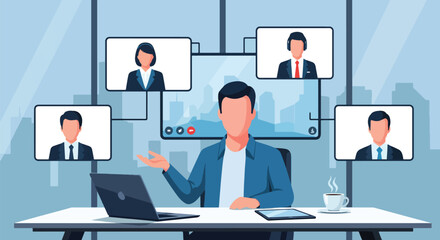 Flat style illustration of a business professional hosting an online meeting in a modern office, symbolizing remote teamwork, digital communication, and corporate collaboration